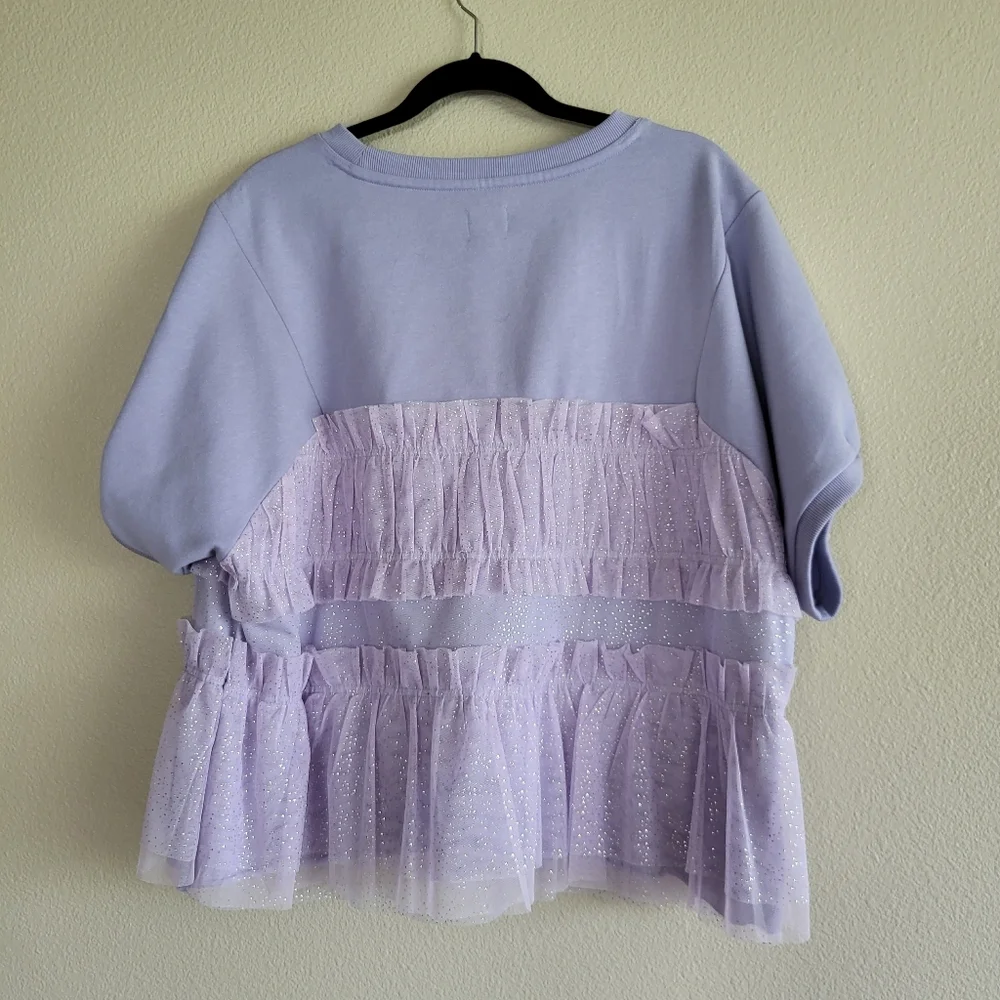 Maeve Anthropologie Purple Tulle Shimmer Puffed Sleeve Tee sz L - Picture 5 of 5